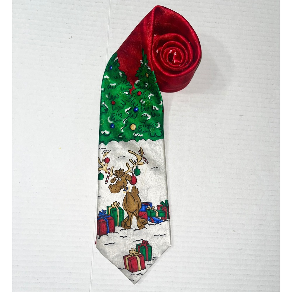 Holiday Tales Reindeer Silk Necktie Mens Christmas Tree‎ Novelty Red Green White
